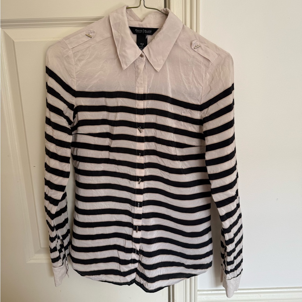 White House Black Market Silk Button-Up Shirt in Light Beige and Black Trim